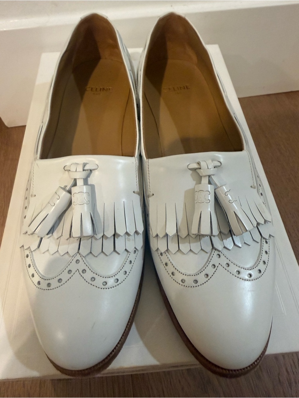 Celine White Leather Tassel Kiltie Loafers